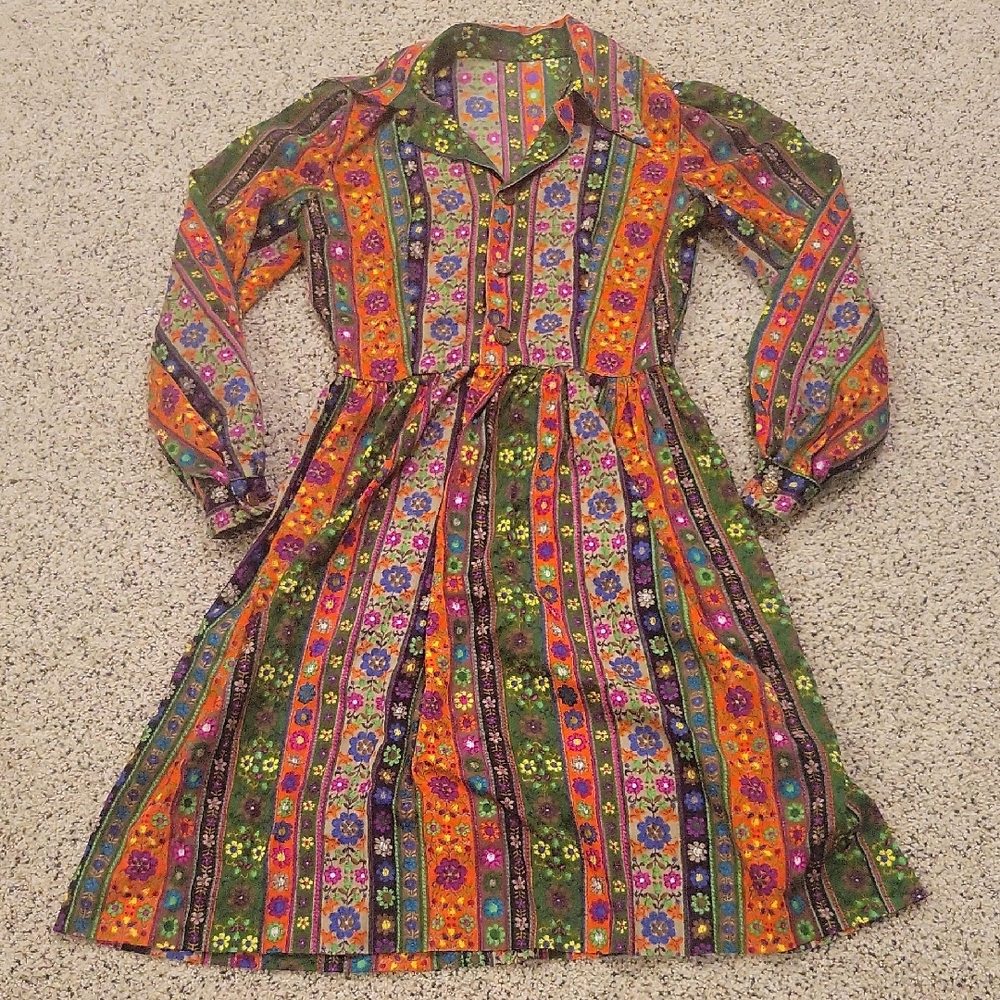 Vibtage Retro Psychedelic 60's 70's Button Down Collared Dress Flower Small XS